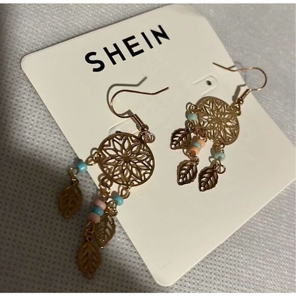 Shein Gold Tone Pink Blue Beaded Windcatcher Southwestern Dangle Earrings NEW - Picture 3 of 3